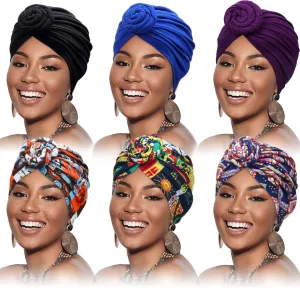 6 Pieces Women African Turban Flower Knot Pre-Tied Bonnet Beanie Headwrap (Simple Patterns) Multicoloured