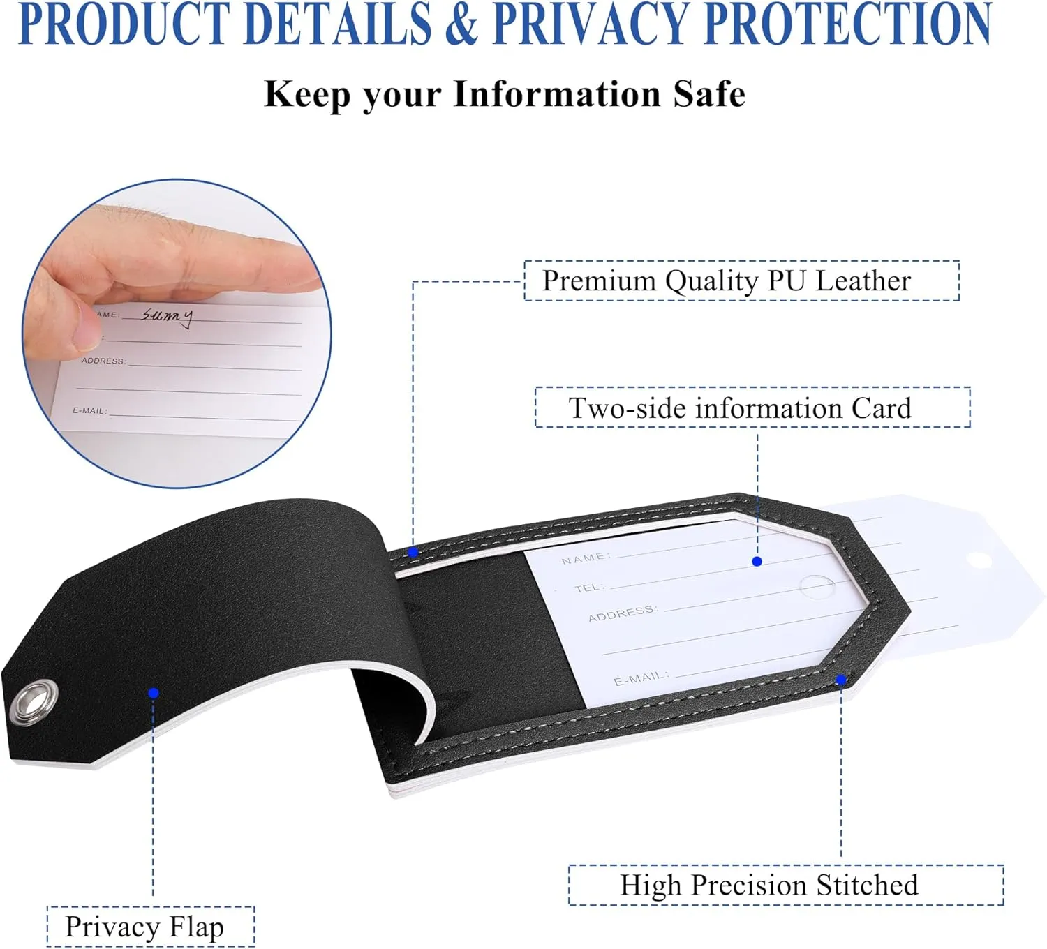 Casmonal Luggage Tags with Full Back Privacy Cover w/Steel Loops (Black 02 pcs Set)