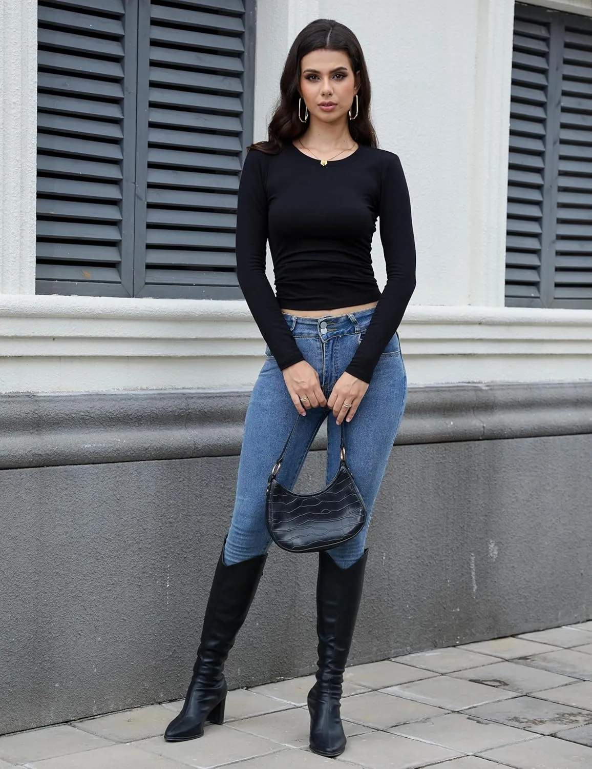CE' CERDR 3/5 Pack Womens Long Sleeve Shirts Crew Neck Basic Tees Tight Fitted Casual Going Out Stretchy Slim Tops