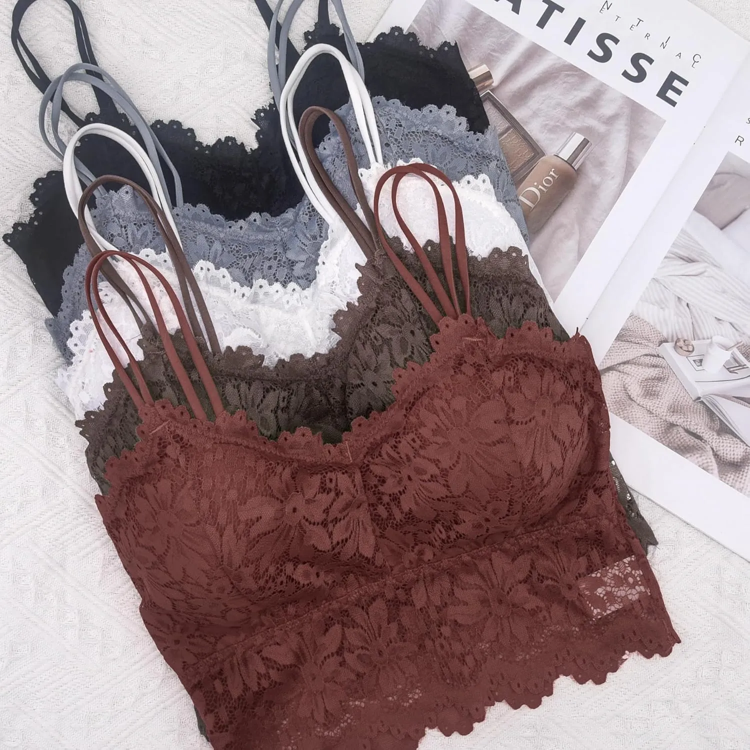 Duufin 5 Pcs Lace Bralettes for Women Bralette Padded Lace Bandeau Bra
