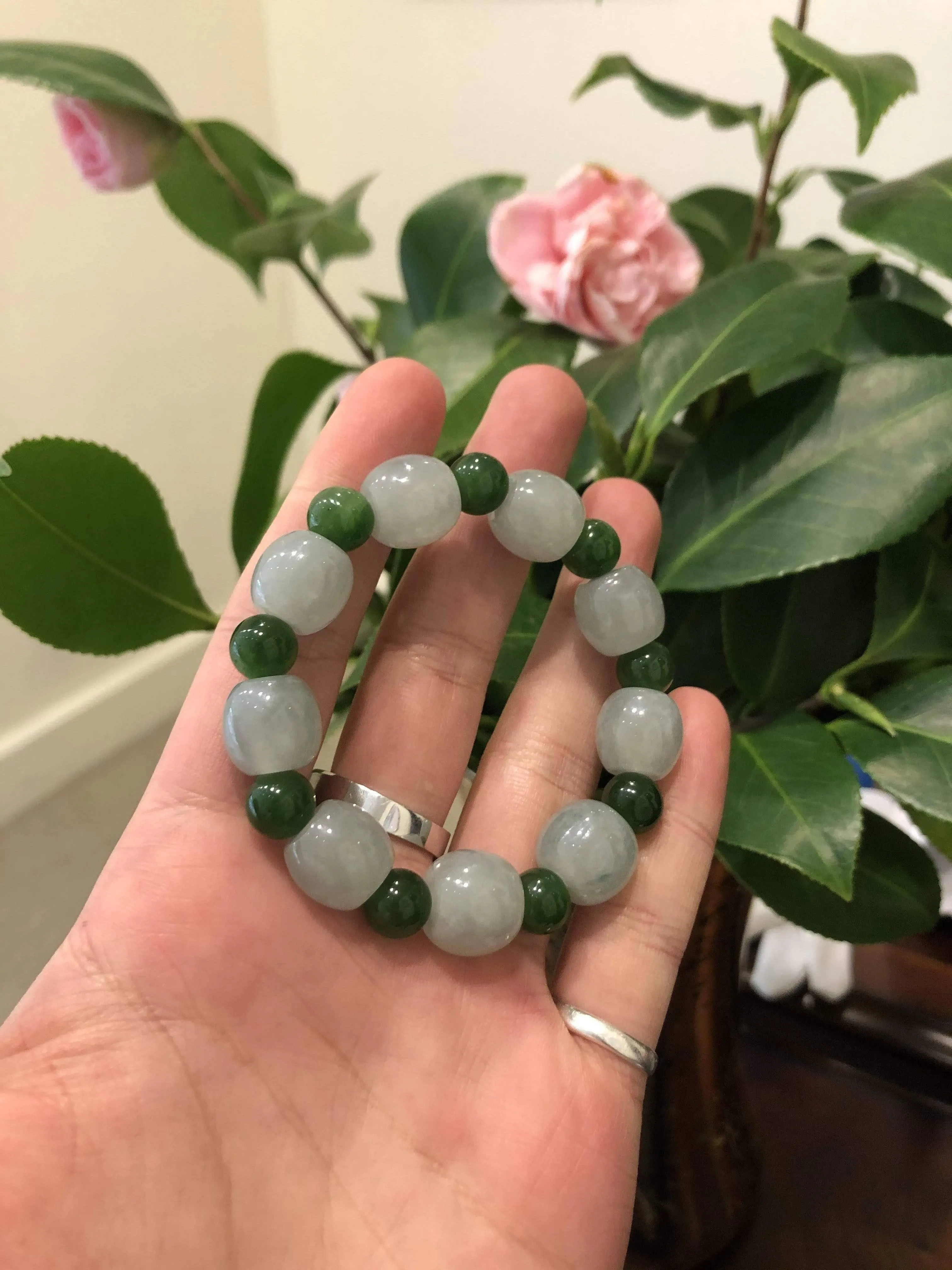 Genuine Ice Jadeite Jade Nuggets Beads Bracelet with Green Jade