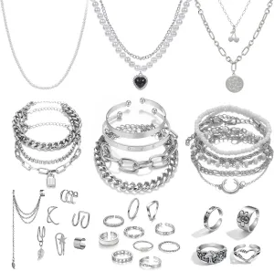 IFKM 36 PC Silver Plated Jewelry Set With 3 Necklace, 12 Bracelet, 7 Ear Cuffs Earring, 14 Knuckle Rings For Women Girls Valentine Anniversary Birthday Friendship Gift