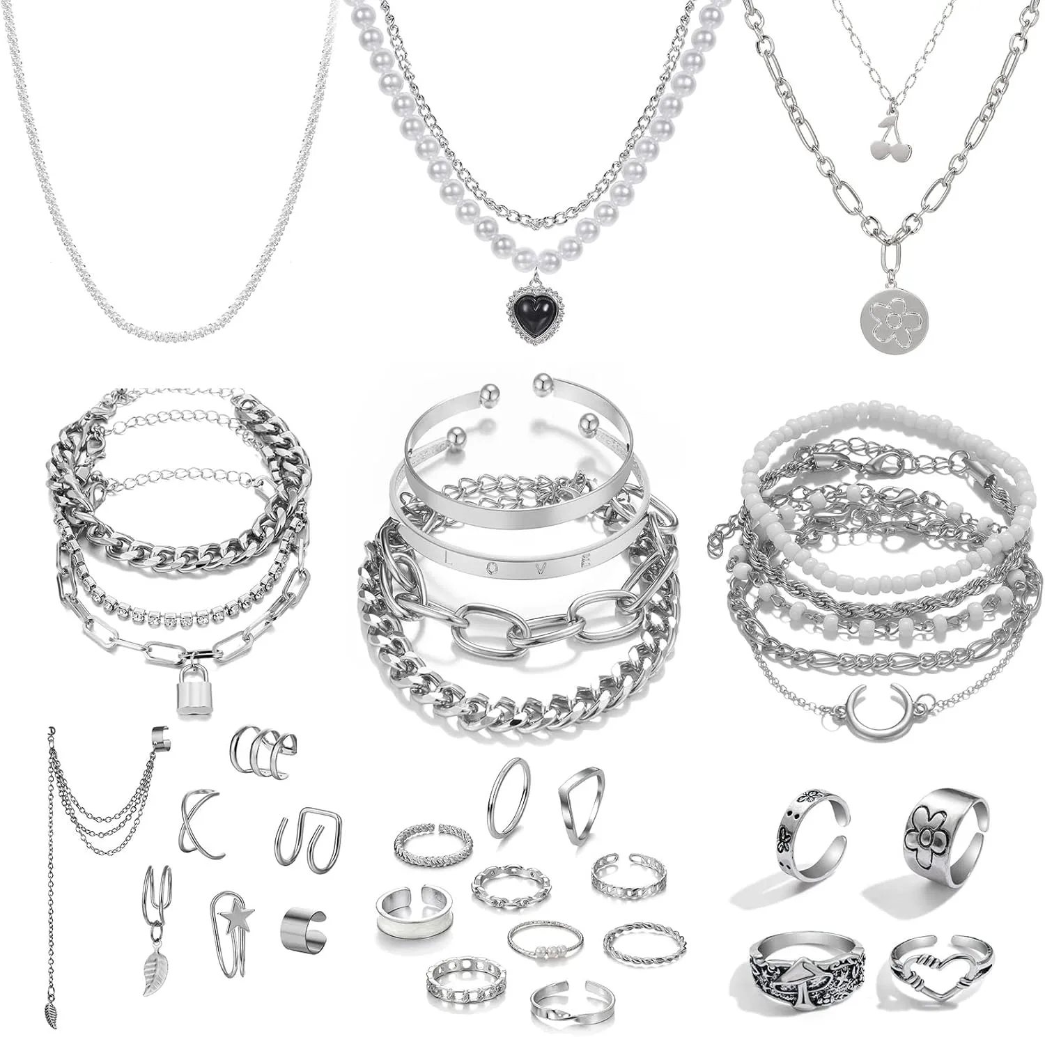 IFKM 36 PC Silver Plated Jewelry Set With 3 Necklace, 12 Bracelet, 7 Ear Cuffs Earring, 14 Knuckle Rings For Women Girls Valentine Anniversary Birthday Friendship Gift