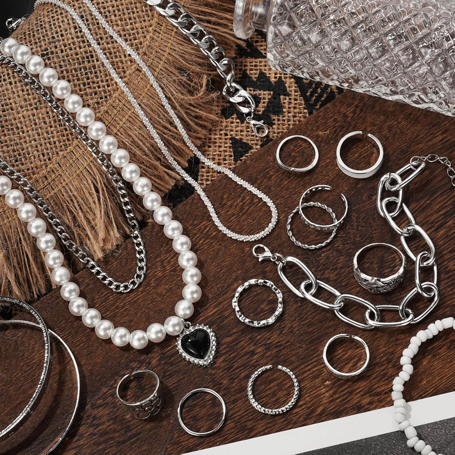 IFKM 36 PC Silver Plated Jewelry Set With 3 Necklace, 12 Bracelet, 7 Ear Cuffs Earring, 14 Knuckle Rings For Women Girls Valentine Anniversary Birthday Friendship Gift
