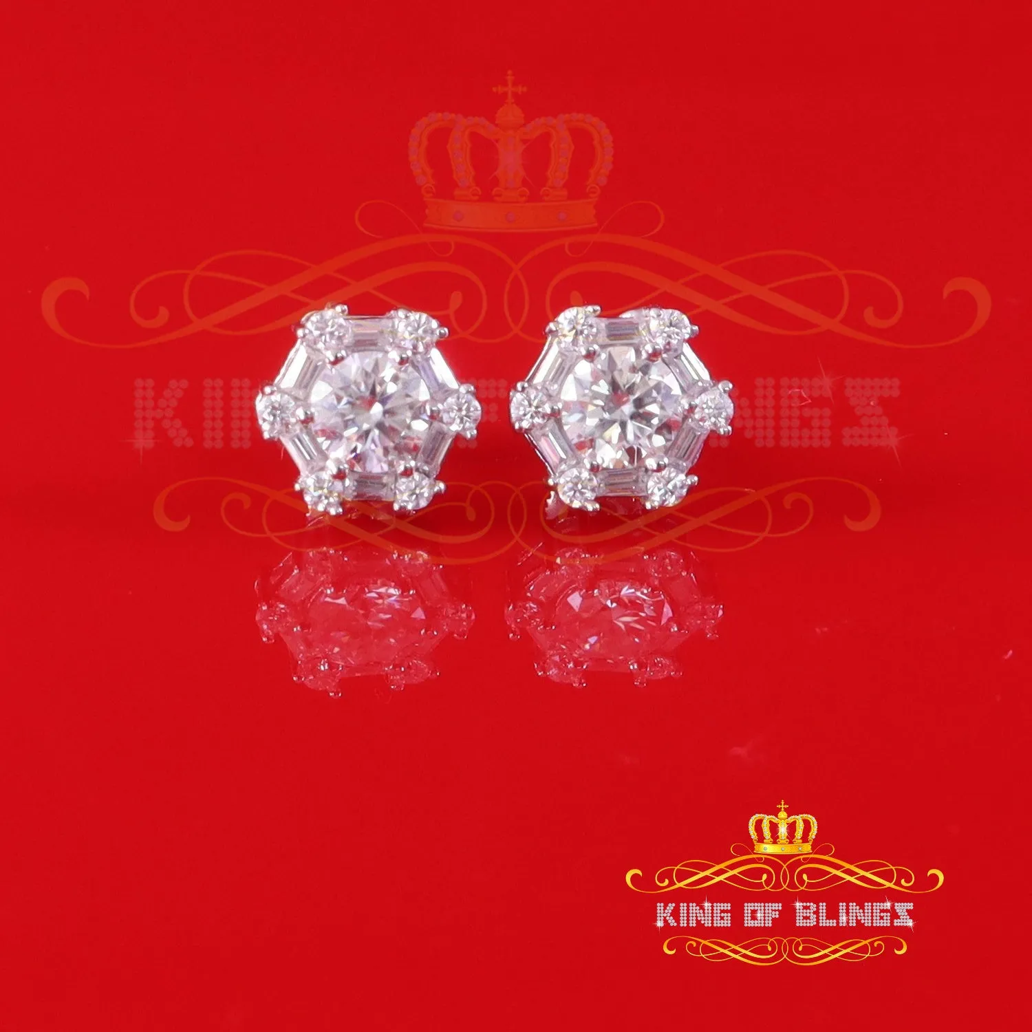 King of Bling's Men's/Womens 925 Silver White 1.50ct VVS 'D' Moissanite Hexagon Stud Earrings