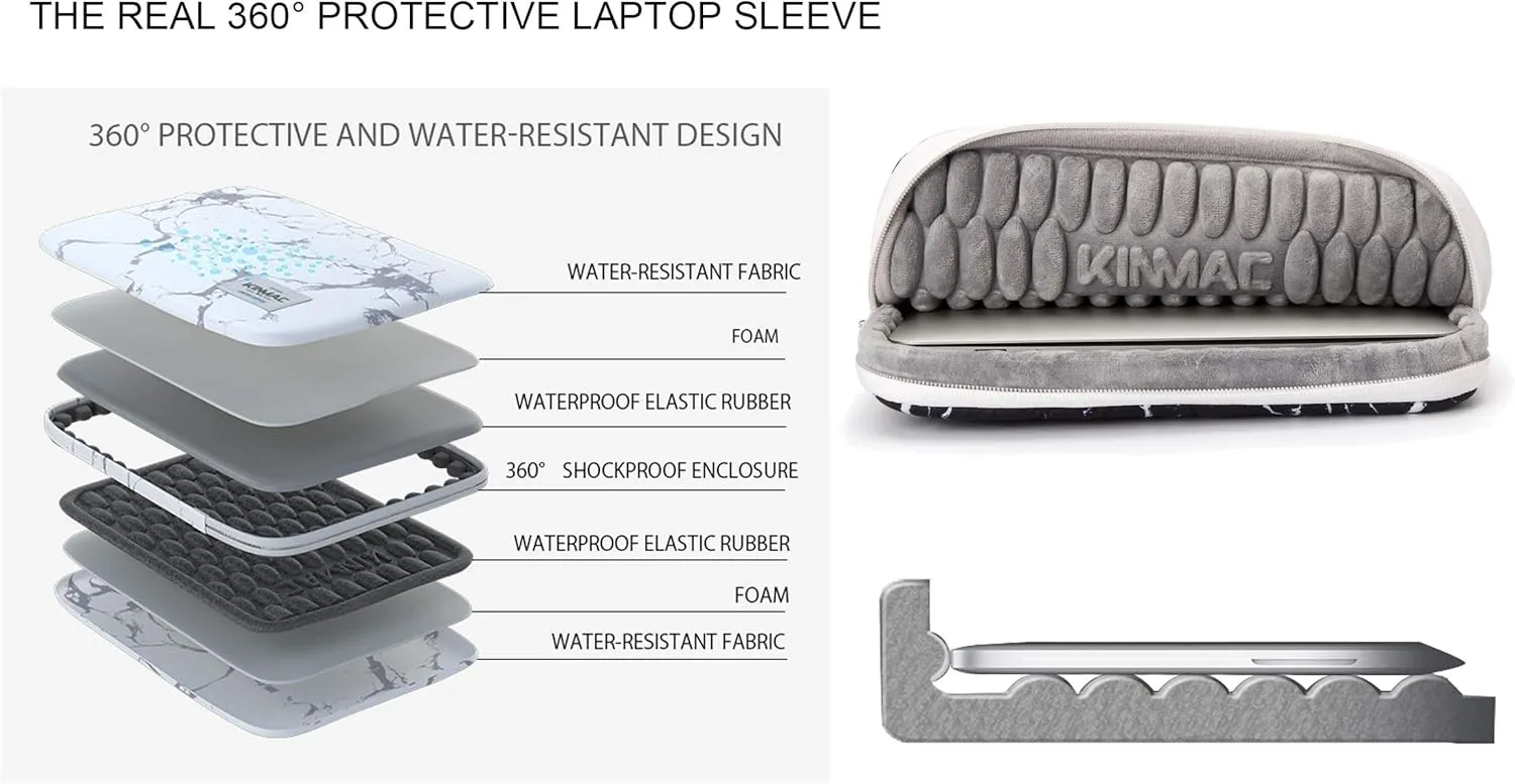 Kinmac 360 Protective Laptop Sleeve Case Bag Cover with Handle for MacBook Pro 16 inch,16 inch HP,Lenovo,Dell,ASUS,Acer Ultrabook and Business Laptop (White Marble)