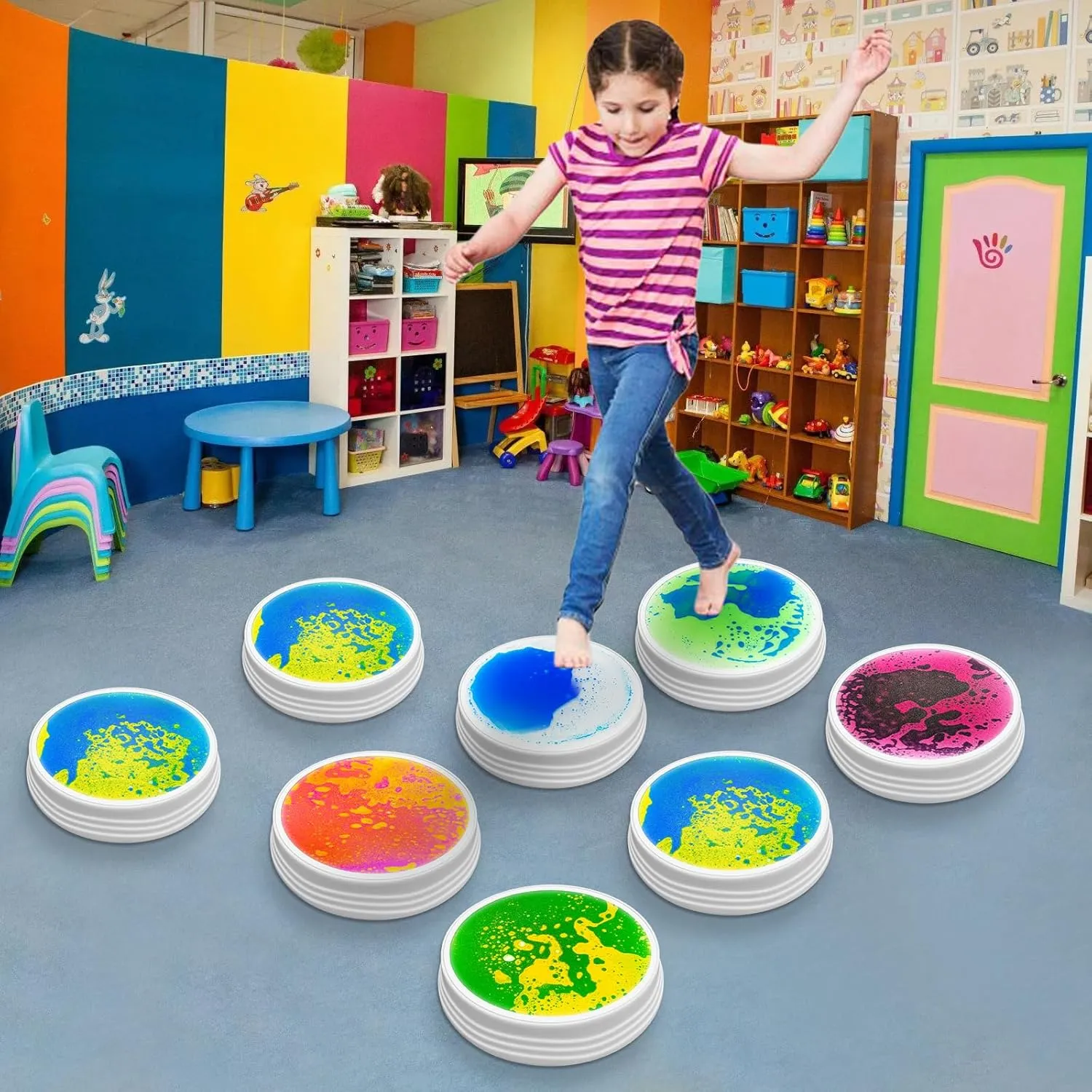 Light Up Liquid Stepping Stones - 1 Round Teal Liquid Stepping Stone, 7 Glow Colors, Indoor Obstacle Training Balancing Stepping Stone Toy for Kids Ages 3 4 5 6 and Up.