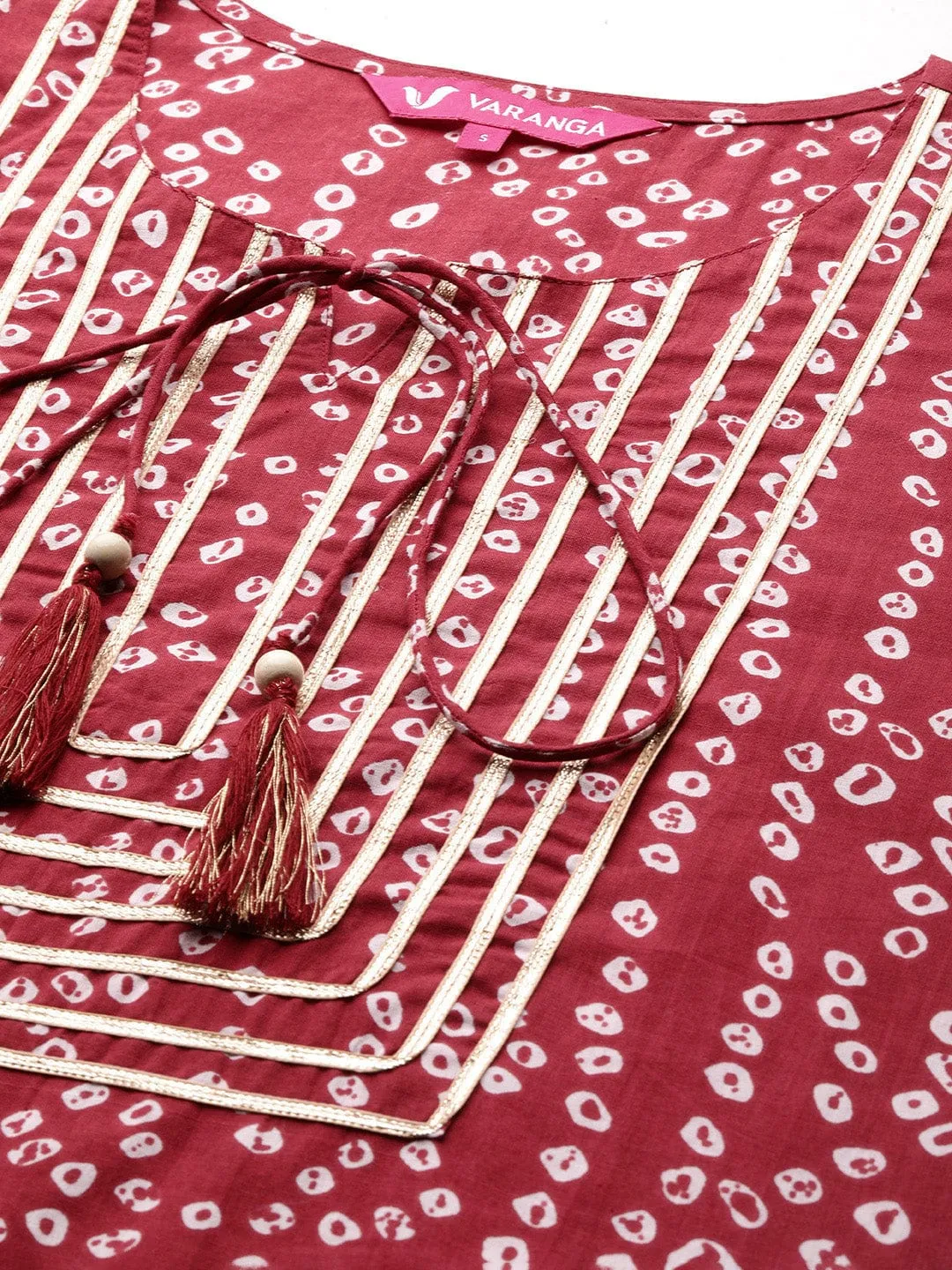 Maroon Bandhani Printed Rond Neck Gota Embellised Straight Kurta