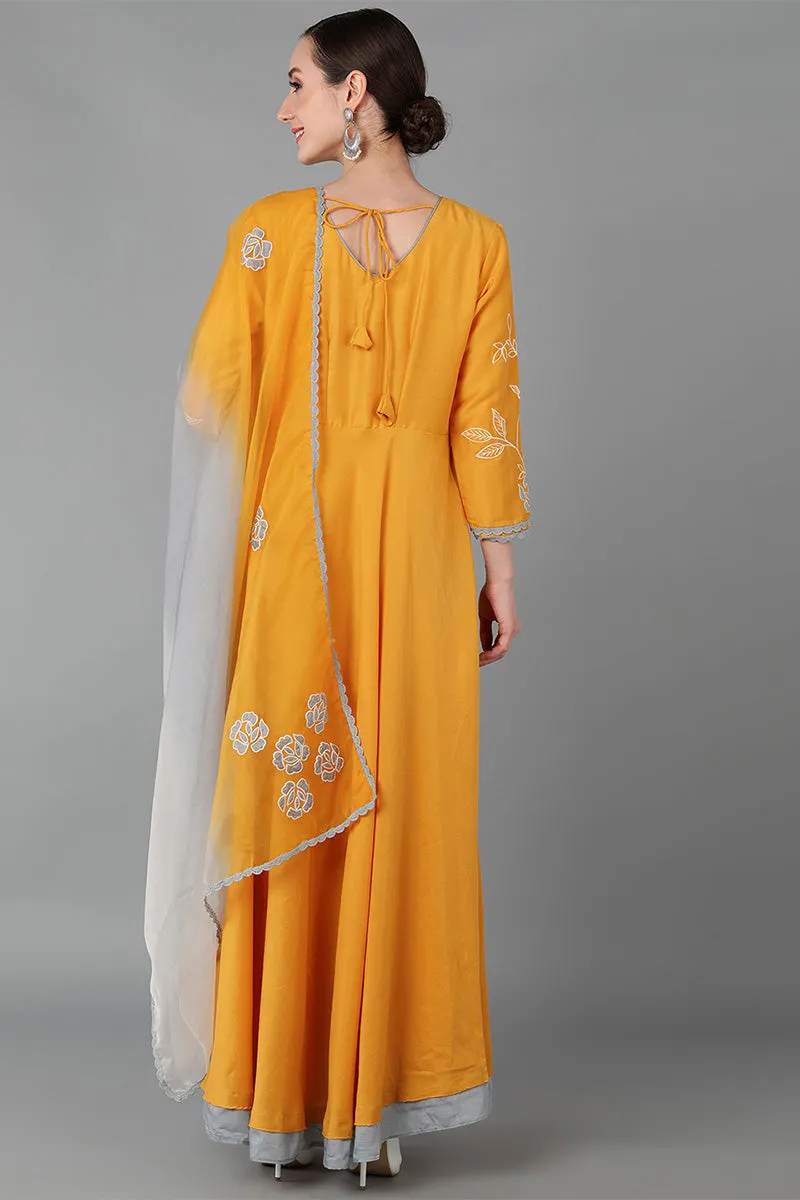 Mustard Silk Blend Flared Kurta With Dupatta