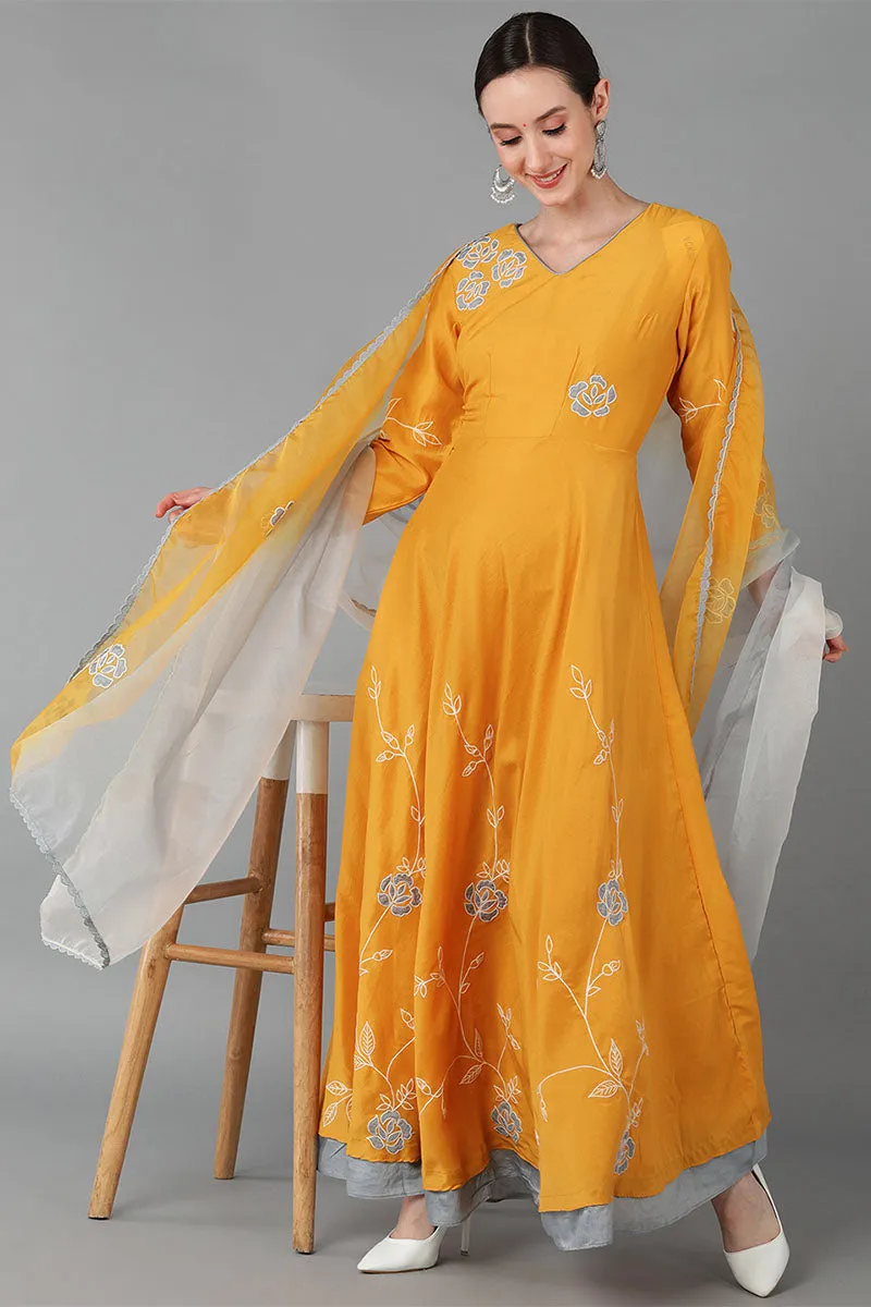 Mustard Silk Blend Flared Kurta With Dupatta