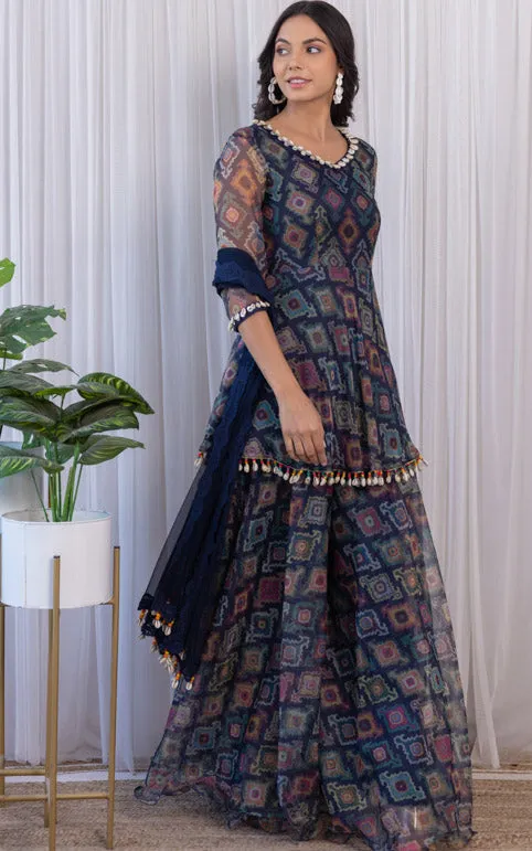 Navy Blue Printed Organza Sharara Set