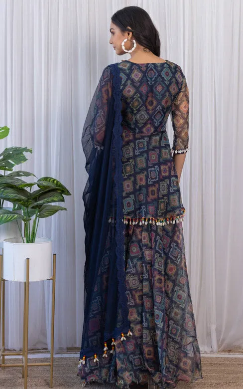 Navy Blue Printed Organza Sharara Set
