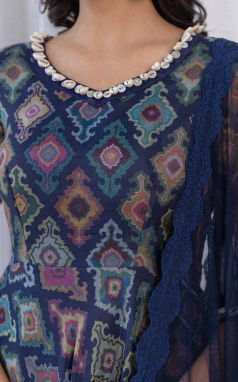 Navy Blue Printed Organza Sharara Set