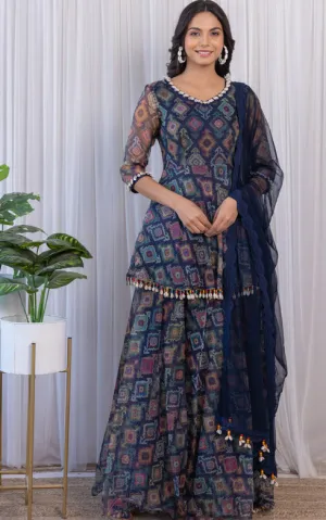 Navy Blue Printed Organza Sharara Set