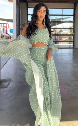 Neha Dharma Sage Green Printed Georgette Crop Top and Sharara Set