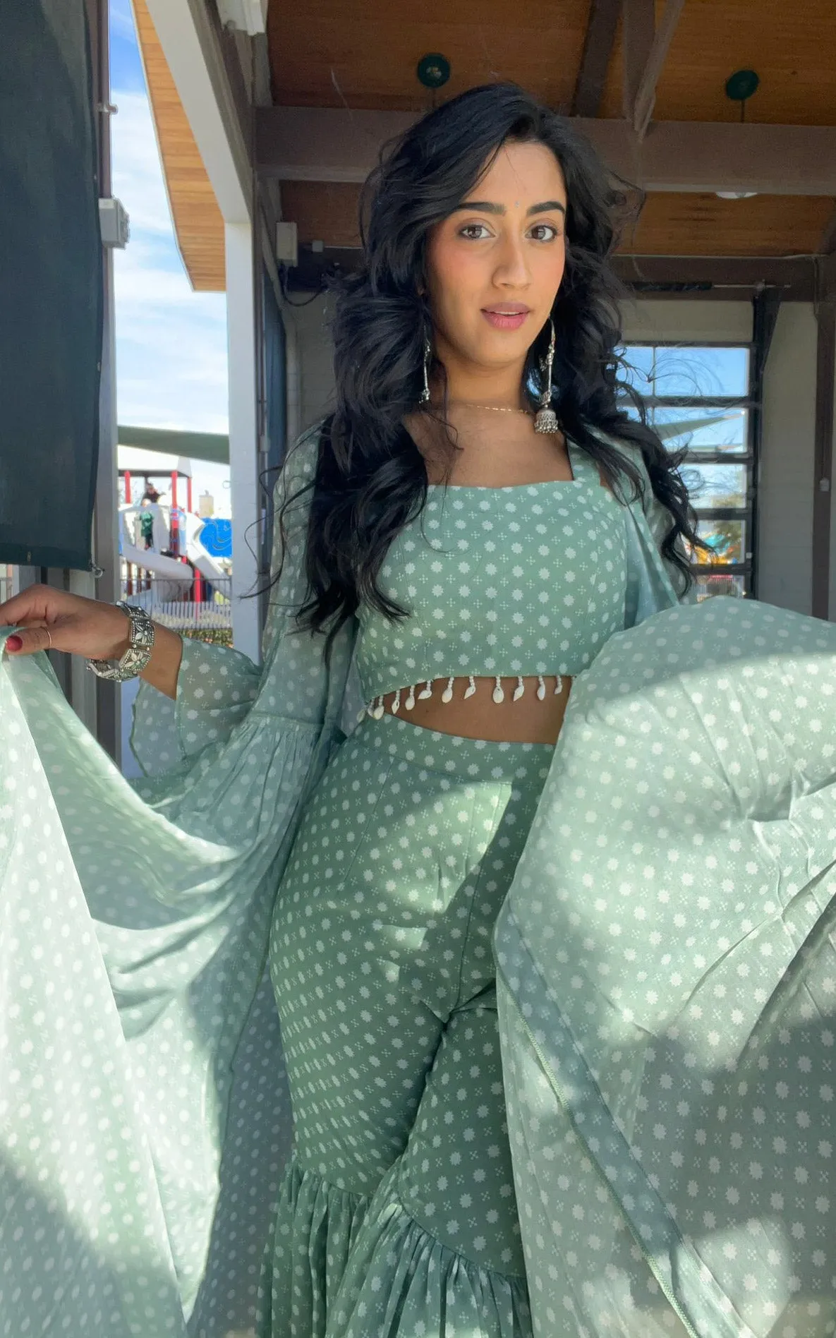 Neha Dharma Sage Green Printed Georgette Crop Top and Sharara Set