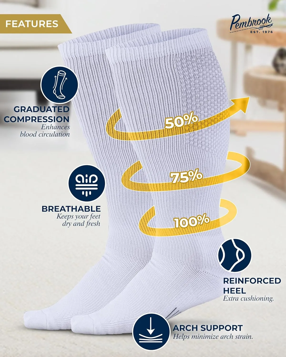 Pembrook 3 Pairs Plus Size Compression Socks Wide Calf - Knee High Wide Calf Compression Socks | Circulation Support Socks