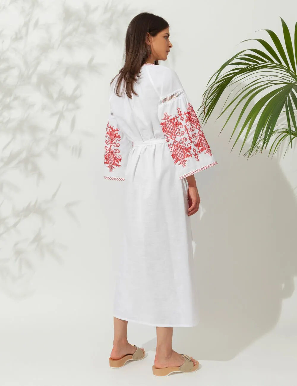 Penelope Embroidered Long Kaftan White/Red