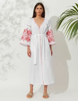Penelope Embroidered Long Kaftan White/Red