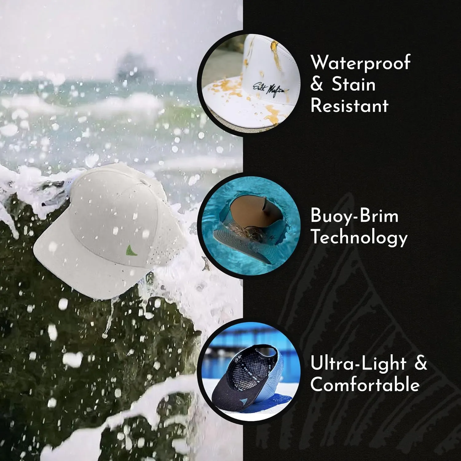 Salt Mafia Hats for Men - Waterproof Hats for Men, 7 Panel Flat Brim Surfer Hat