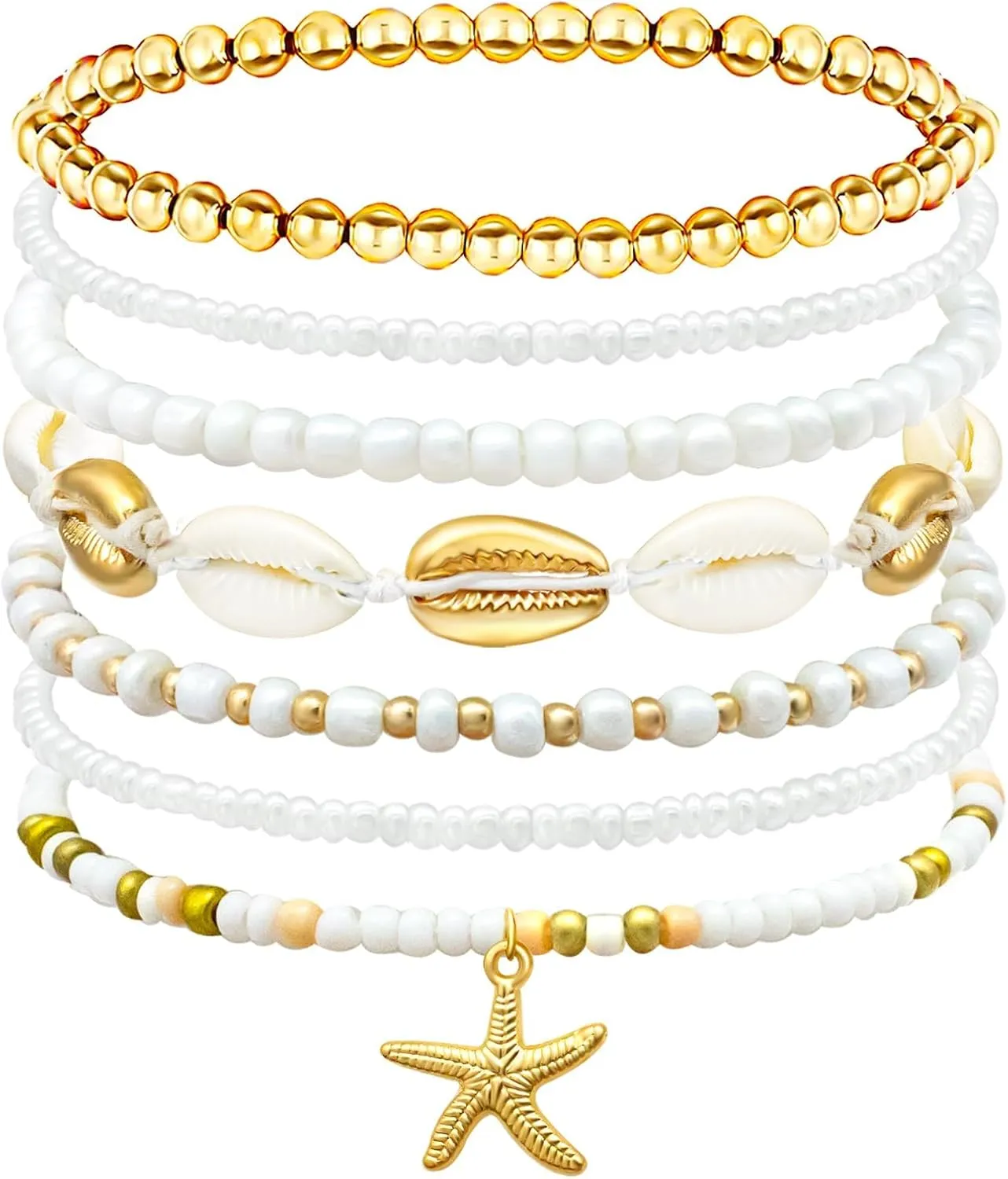 Shell Summer Beach Bracelets for Women Seashell Bracelets Boho Layered Beaded Bracelets Set Starfish Bracelets Handmade Stretch Bracelets Summer Beach Jewelry Accessories Gifts