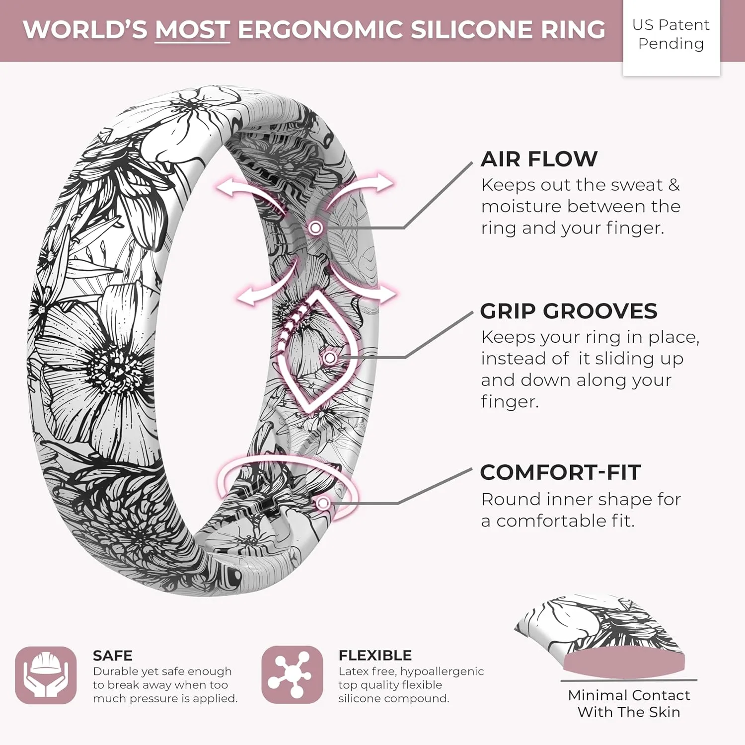 ThunderFit Silicone Wedding Rings for Women, Printed Design Breathable Rubber Engagement Bands 5.5mm Wide 1.8mm Thick