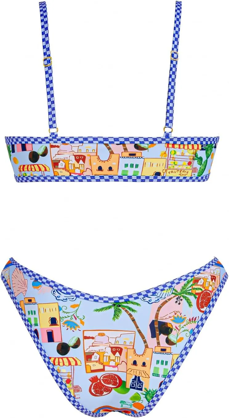 VOLAFA Women's Triangle Bikini Set Smocked Textured Scoop Frilled Print Ruched Elastic Swimsuit Two Piece Bathing Suit