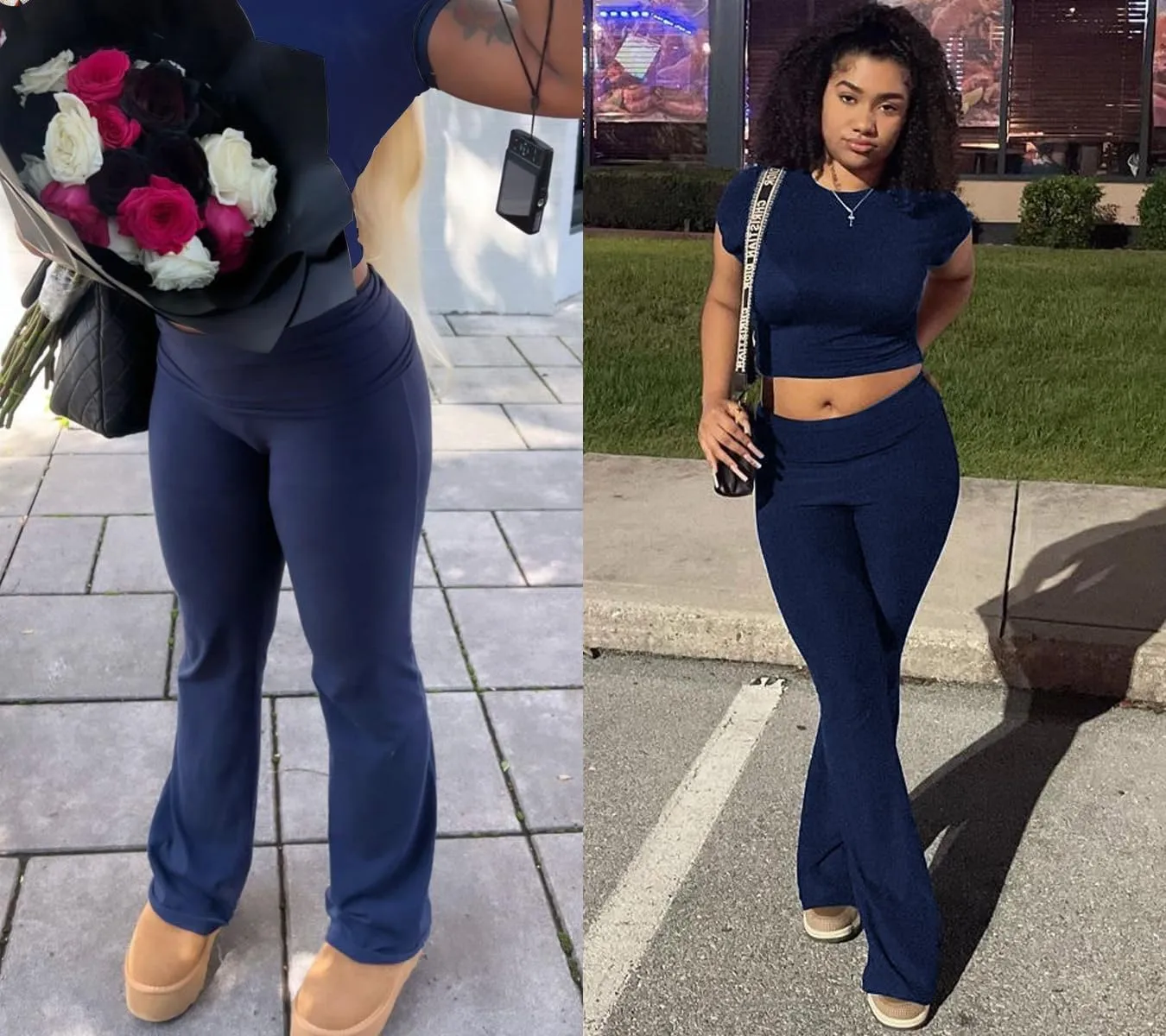 Women's 2 Piece Yoga Set Soft Short Sleeve Top Flare Leggings Comfortable Stretchy for Casual Active Wear