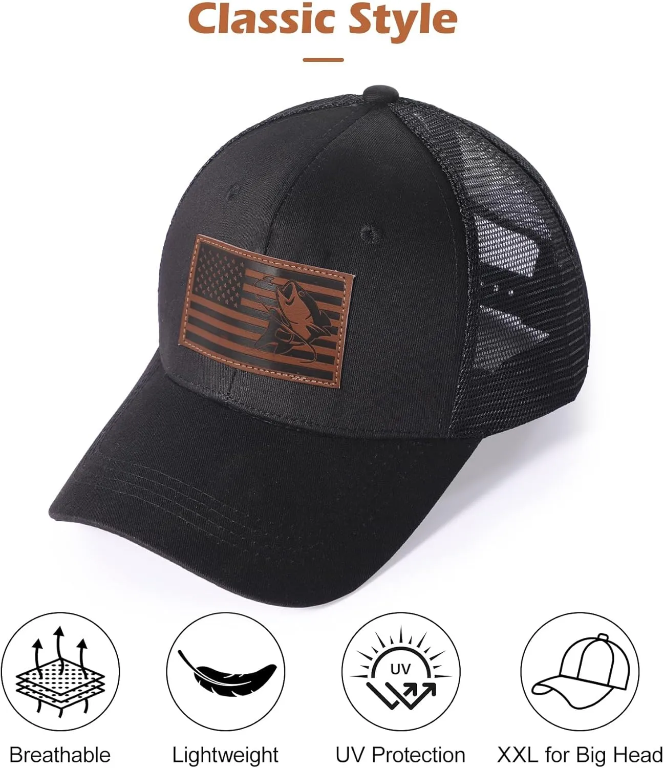 XXL Hats for Men Big Head, Black Oversized Trucker Finshing Hat, Mesh Snapback Baseball Cap, Embroidered Dad Hat for Women