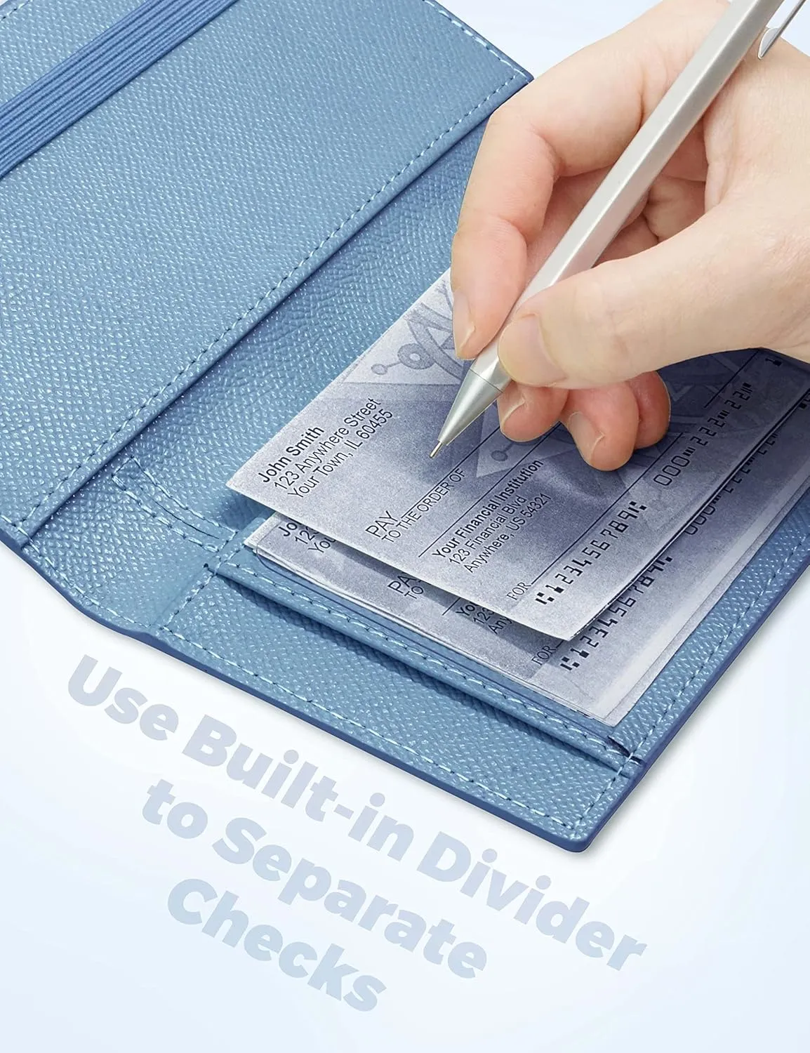 Yarnic Checkbook Cover for Personal Checkbook, Checkbook Holder with Pen Holder & Built-in Clear Plastic Divider for Duplicate Checks (Grey Blue)