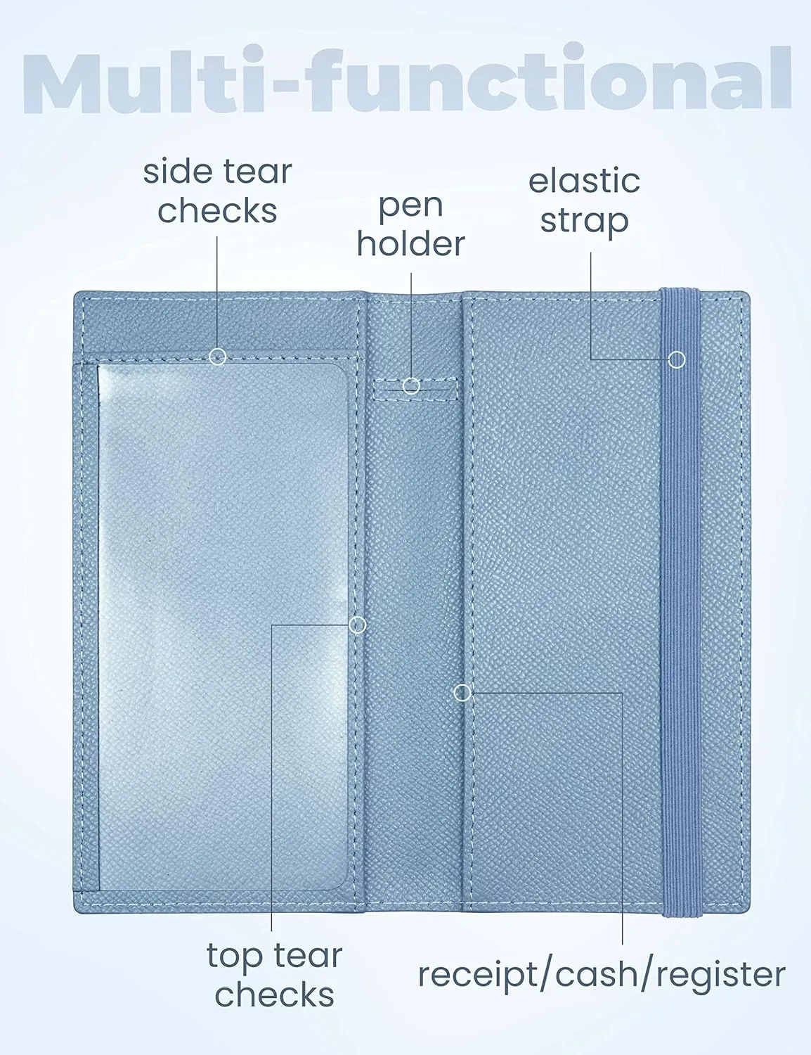 Yarnic Checkbook Cover for Personal Checkbook, Checkbook Holder with Pen Holder & Built-in Clear Plastic Divider for Duplicate Checks (Grey Blue)